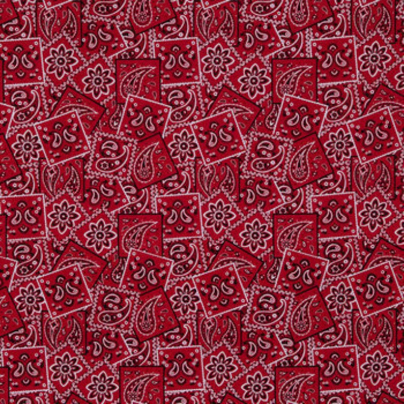 May include: Red bandana print fabric with a paisley pattern. The fabric is made up of many small squares, each with a different paisley design.