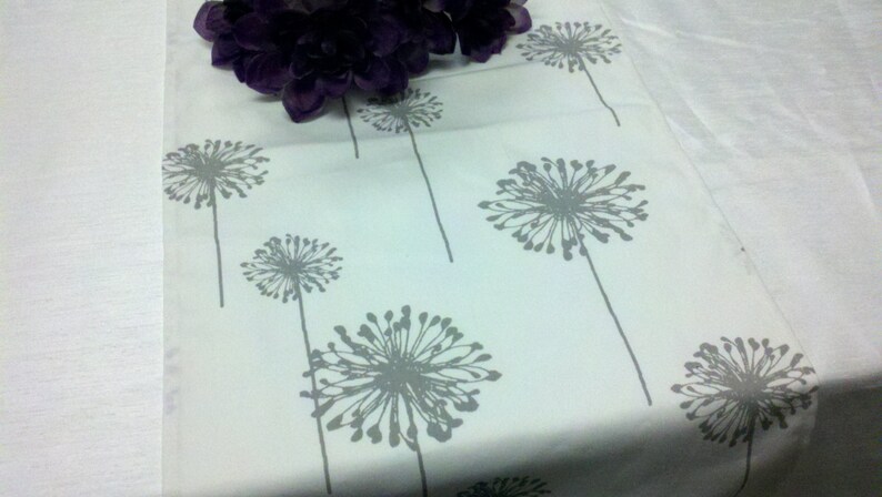 TABLE RUNNER DANDELIONS Gray flower dandelions on white, grey wedding, bridal linen image 3