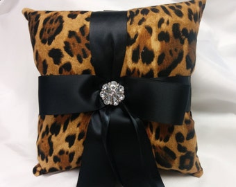 LEOPARD RING PILLOW or Basket - Flower Girl -Ringbearer, Black and Tan, Wedding, Bridal,  Ribbon Color Choice, Animal Print Ring Pillow