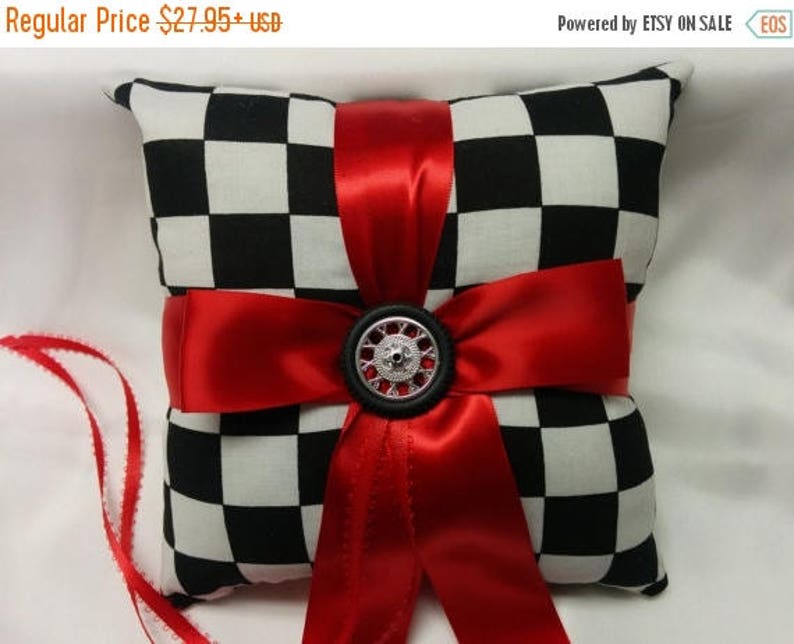 RACING RING PILLOW and or Basket Racing, black White Checks, checkered flag, Ringbearer Flower Basket , choose Ribbon, wedding pillow image 3