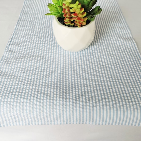 SEERSUCKER TABLE LINENS-  Last ones, Table Runners, or Napkins, Pink or light blue, Bridal, southern wedding, derby parties, 1/8" stripe