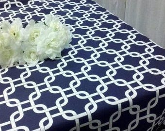 NAVY GEOMETRIC TABLECLOTH, Different Sizes,  Geometric, Modern, Chain, Cage Print, Overlay