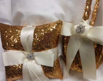 GOLD SEQUIN RING Pillow - or Basket -Flower Girl -Ringbearer,  Wedding, Glam,  Choose Ribbon Color,  Bling,  Diamond,  Bridal