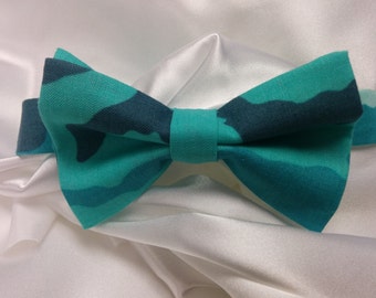 CAMO TEAL  BOWTIE Or Pocket Square  turquoise aqua teal camouflage bowtie cotton Toddler, boys, men, big and tall Groom, ring bearer usher