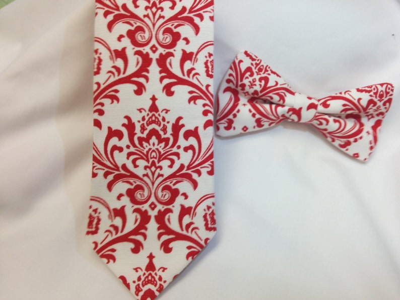 DAMASK HANKY Or NECKTIE,Or Bowtie Madison Red Damask Tie Bowtie or Pocket Square for Men, Boys, Toddler, Big Tall, ringbearer image 1