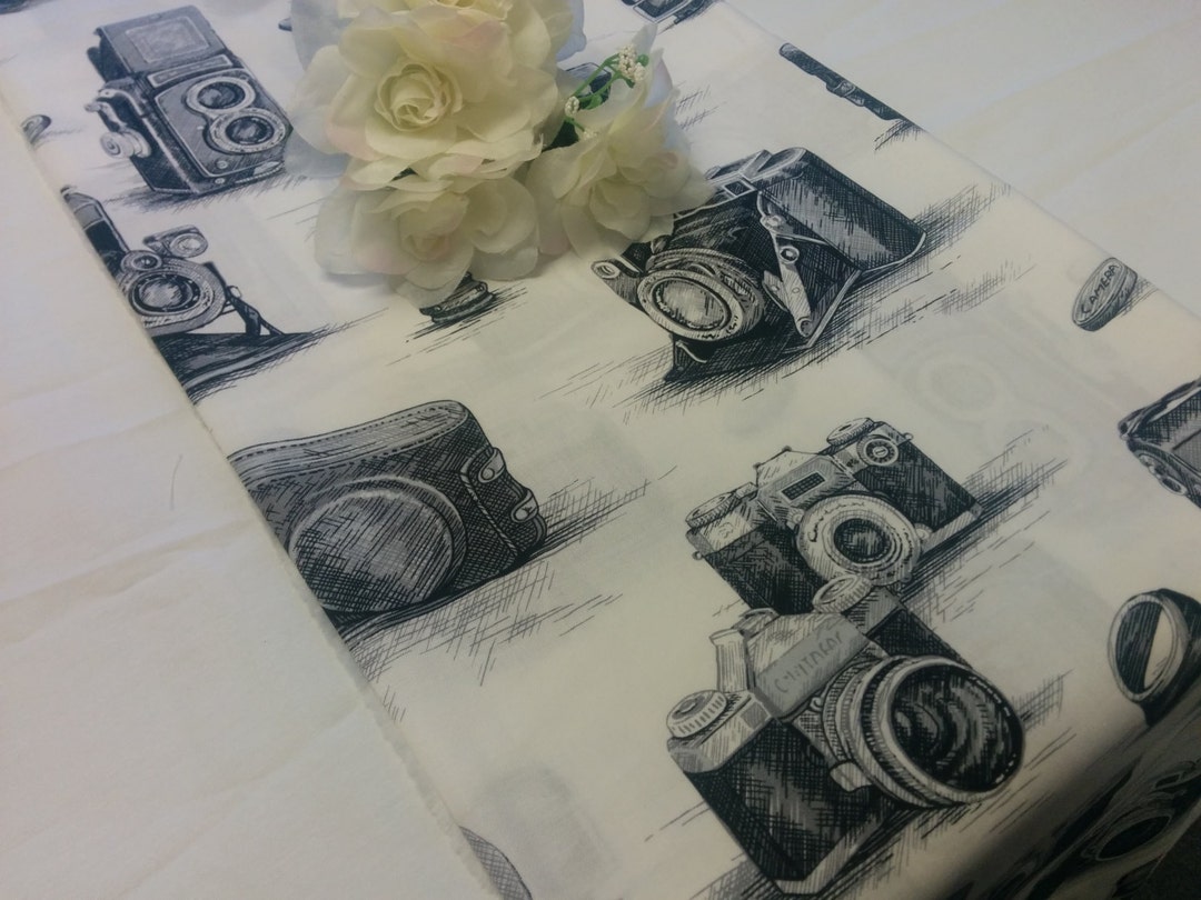VINTAGE CAMERA LINENS, Black and Creamy White Camera Table Runner, or ...