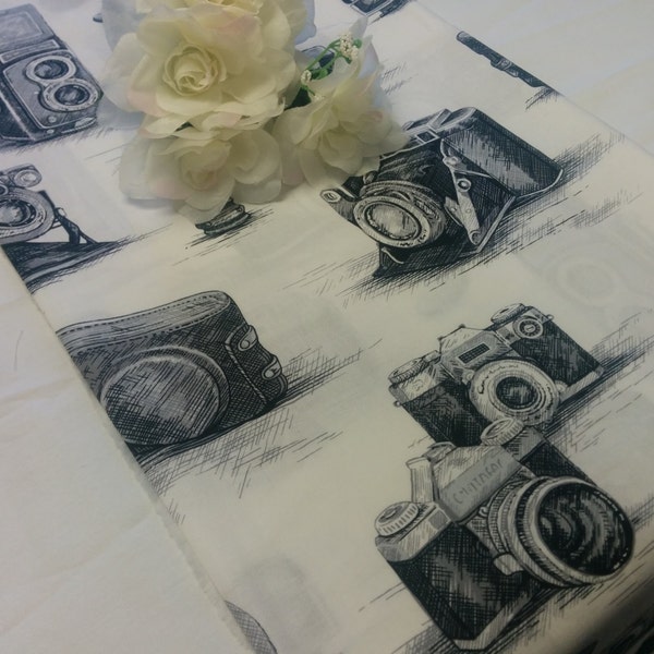 VINTAGE CAMERA LINENS,  Black and Creamy White Camera Table Runner,  or Napkins, or Pillow Cover, Photographer Gift, Photo Shoot, home Decor