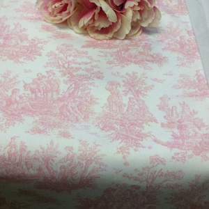 TOILE TABLE LINENS--pink, black, navy, light blue, Table runners, 12&quot; wide or napkins, or placemats, English country, wedding, Bridal, Decor