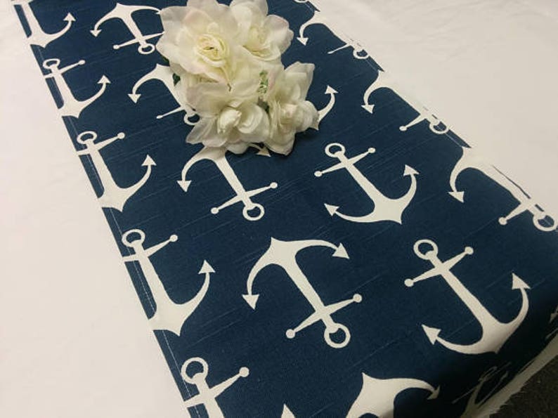 BLUE WHITE ANCHOR Linens Table Runner Napkin Placemat, sailor runner, Nautical, Beach, Wedding, Bridal, Shower, image 1