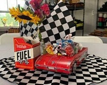 CHECKERED FLAG LINENS -1" squares, Racing, Race car, Table runner, napkins, rounds, squares, placemats, flags, black white check, Wedding