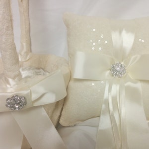 Ivory, White, or Iridescent White Sequin Ring Pillow or Flower Girl basket Ringbearer, Wedding, Bridal, Sequin, Ribbon Bow, Bling Diamond image 1