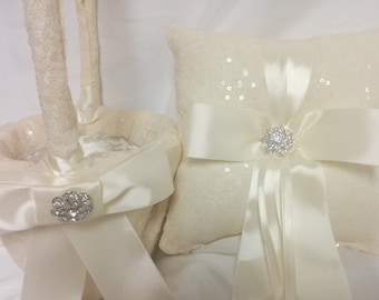 Ivory, White, or  Iridescent White Sequin Ring Pillow or Flower Girl basket- Ringbearer, Wedding, Bridal, Sequin,  Ribbon Bow, Bling Diamond