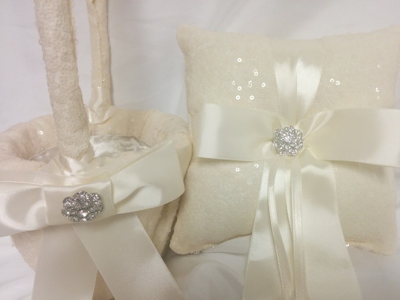 Ivory, White, or Iridescent White Sequin Ring Pillow or Flower Girl basket Ringbearer, Wedding, Bridal, Sequin, Ribbon Bow, Bling Diamond image 1