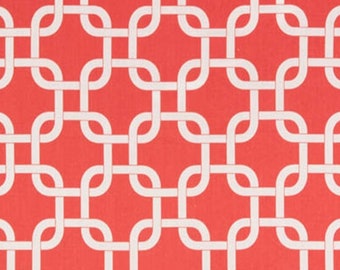 CORAL GEOMETRIC TABLE Linens, Runners, Centerpiece Squares, white on coral chain print, geometric Table runner