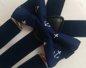 ANCHOR BOWTIE, NECKTIE,  and Suspender Set,  Boy's,  Men, Toddler, Big Tall, Navy Blue, white or gold anchors, Groomsmen ringbearer, wedding