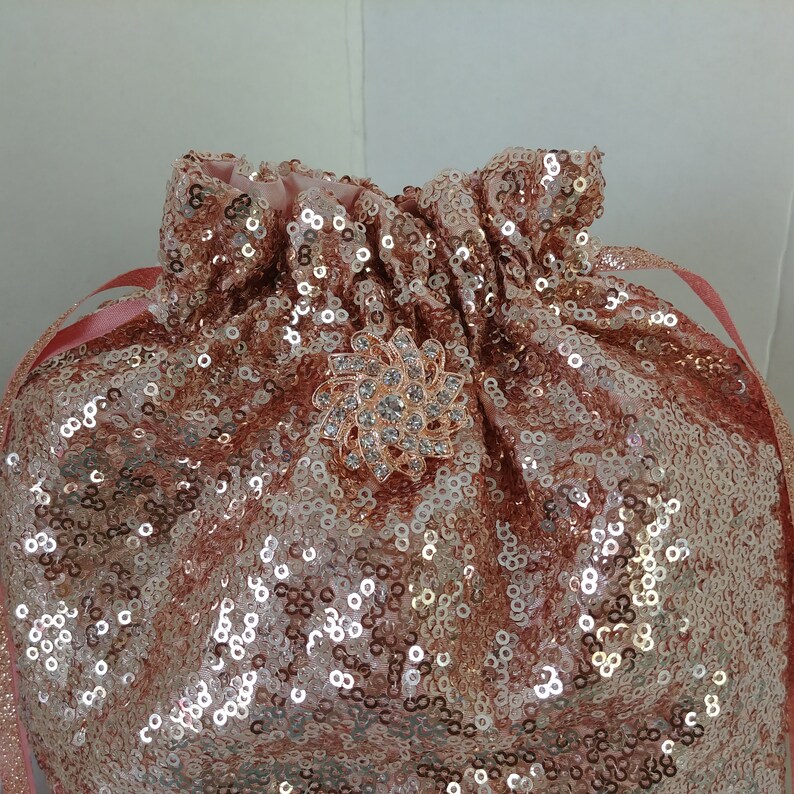 SEQUIN MONEY BAG, Colors, Rose Gold, Silver, Gold, With or Without Brooch, Bridal, Money Dance, glitter bag, drawstring, purse Rose Gold w/Brooch