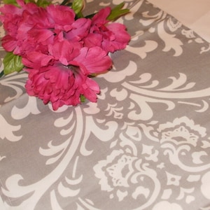 GREY DAMASK RUNNER - All sizes Grey Damask table runner, Storm Grey White on Gray Wedding, Bridal Shower, Parties, Events Runner
