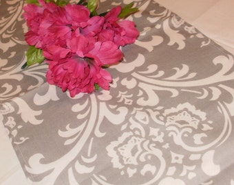 GREY DAMASK RUNNER - All sizes Grey Damask table runner, Storm Grey White on Gray Wedding, Bridal Shower, Parties, Events Runner