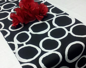 Black GEOMETRIC CIRCLES LINENS -Table runner or Napkins, or Placemats ,  Freehand Circle Links Wedding Bridal Runner