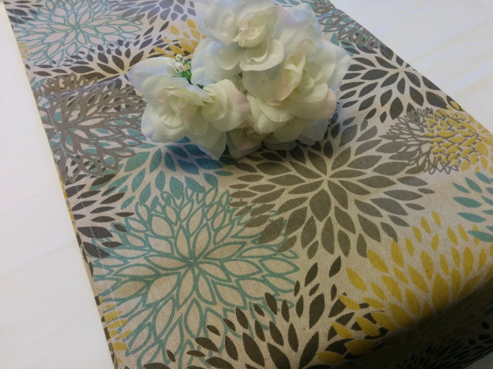 MUMS TABLE RUNNER or Napkins-last Ones- Muted Slate Blue, Yellow, Taupe