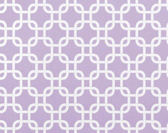 LILAC GEOMETRIC TABLE Linens, Runners, Centerpiece Squares, white on lavender chain  print, geometric Table runner