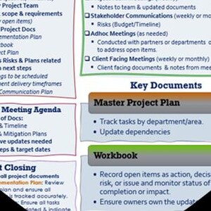 May include: A document with a checklist of steps for managing a project. The document includes sections for project team, weekly meeting agenda, project closing, and key documents. The document also includes a master project plan, workbook, and client facing meetings.