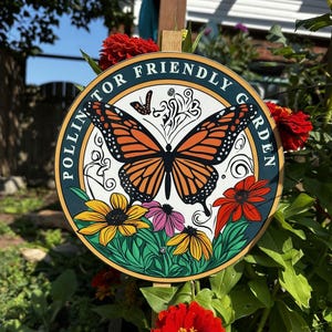 May include: A circular garden sign featuring a monarch butterfly illustration with the text "POLLINATOR FRIENDLY GARDEN" in a dark teal border. The design includes yellow, red, and purple flowers with green foliage on a white background.