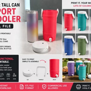 May include: A 3D-printable mini water cooler designed for 12oz tall cans. The image shows a red cooler with a white lid and handle, along with examples in teal, purple, blue, green, and black. Text reads "12oz Tall Can Sport Cooler" and "Print It. Your Way."