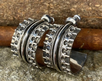 Handmade Oxidized Sterling Silver Hoop Earrings | Textured Cuff Style