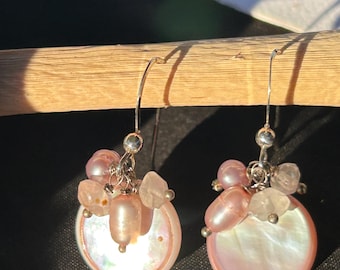 Pink Mother of Pearl Dangle Earrings | Sterling Silver, Freshwater Pearl & Moonstone