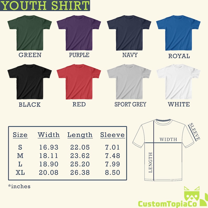 May include: A selection of youth shirts in various colors, including green, purple, navy, royal blue, black, red, sport grey, and white. The image includes a size chart with measurements in inches and a shirt diagram.
