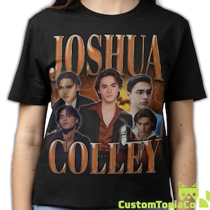 May include: A black short-sleeve t-shirt featuring a graphic print of Joshua Colley in various poses and outfits. The name JOSHUA COLLEY is printed in large, bold, metallic-toned letters above and below the collage of images on the front.