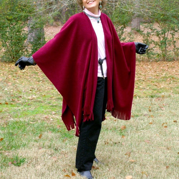 Burgundy Wrap, Poncho, Blanket Scarf, Cape or Shawl with Fringe in Anti Pill Fleece--One Size Fits Most