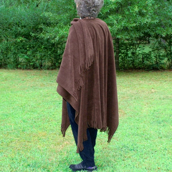 Chocolate Brown Anti Pill Fleece Shawl, Poncho, Cape or Wrap  With Fringe--One Size Fits Most