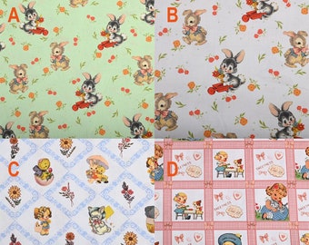 5951 - Retro Chic Bunny Rabbit Floral Girl Cat Dog Cotton Fabric - 43 Inch (Width) x 1/2 Yard (Length)