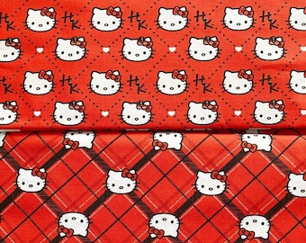 5604 - Hello Kitty Head Toss Heart Red Check Plaid Cotton Fabric