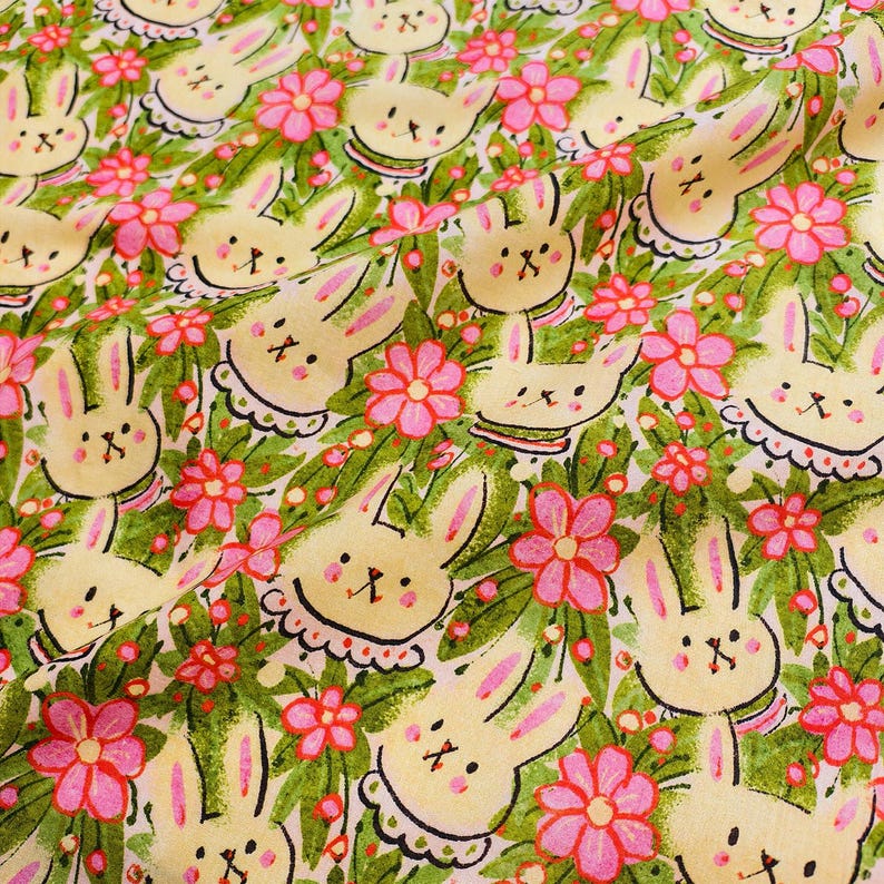 6010 - Rabbit Bunny Girl Flower Cotton Fabric - 57 Inch (width) X 1/2 ...