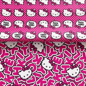 5605 - Tela de algodón con letras y lunares con la cabeza de Hello Kitty - 43 pulgadas (ancho) x 1/2 yarda (largo)