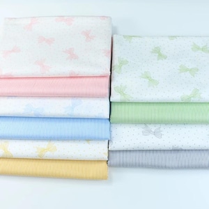 6321 - Kawaii Rosa Blå Gul Grön Grå Rosettband Mini Prickigt Randigt Bomullstyg - 62 Tum (Bredd) x 1/2 Yard (Längd)