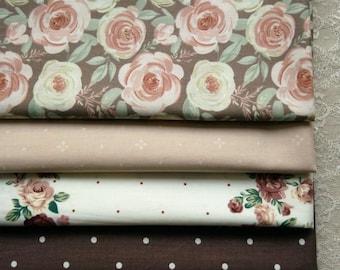 5898 - Cottage Chic Rose Flower Floral & Polka Dot Cotton Fabric - 62 Inch (Width) x 1/2 Yard (Length)