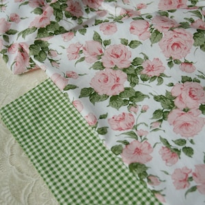 5955 - Cottage Chic Peony Rose Flower Floral & Gingham Cotton Fabric - 62 Inch (Width) x 1/2 Yard (Length)