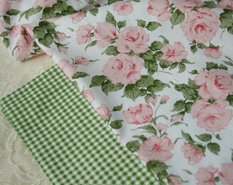 5955 - Cottage Chic Peony Rose Flower Floral & Gingham Cotton Fabric - 62 Inch (Width) x 1/2 Yard (Length)