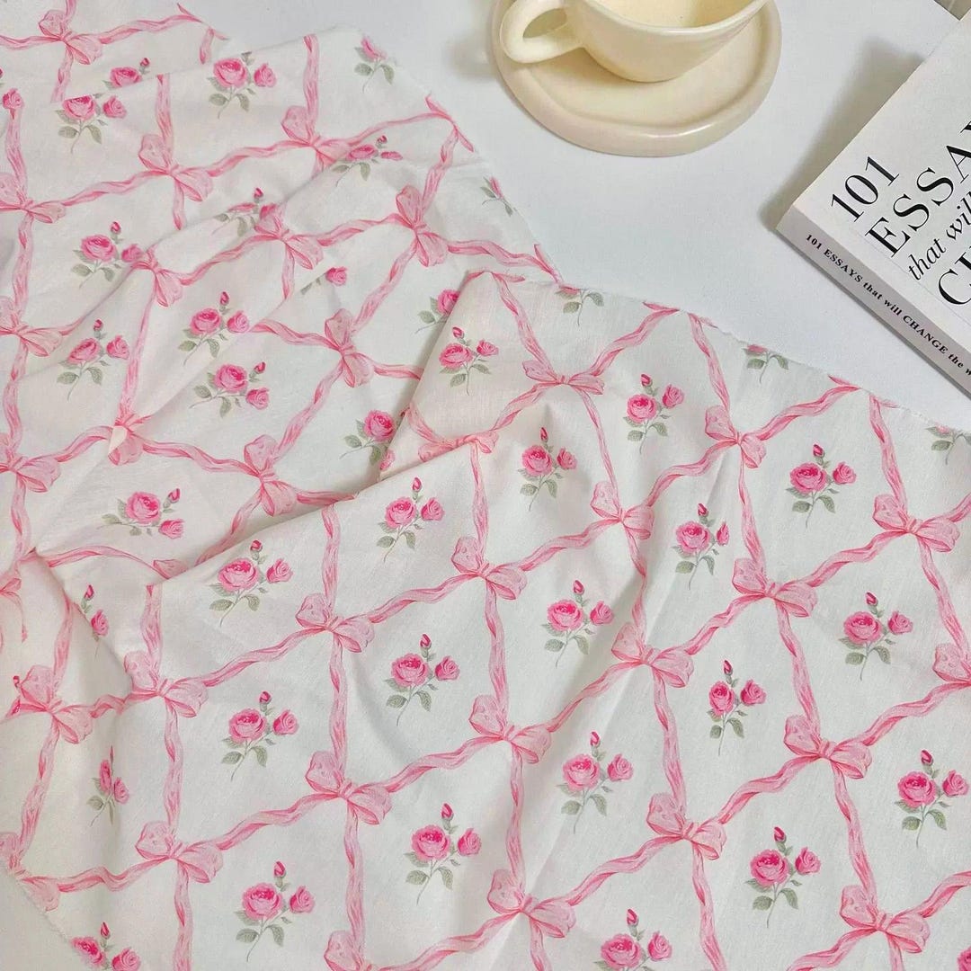 6001 - Cottage Chic Pink Ribbon Rose Flower Floral Poplin Cotton Fabric ...