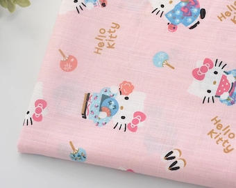 6142 - Hello Kitty Girl Wearing Yukata Cotton Fabric - 43 Inch (Width) x 1/2 Yard (Length)