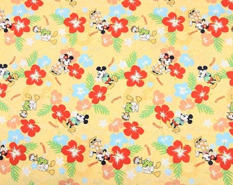 5001 - Mickey & Minnie Mouse Donald Duck Hawaiian Hibiscus Tropical Floral Leaf Poplin Cotton Fabric - 55 Inch (Width) x 1/2 Yard (Length)