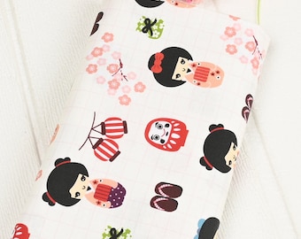 5831 - Oriental Chic Japanese Doll Girl Cherry Blossom Floral Cotton Fabric - 43 Inch (Width) x 1/2 Yard (Length)