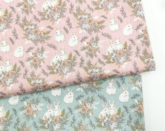 4738 - Bunny Rabbit Rose Floral Cotton Fabric - 62 Inch (Width) x 1/2 Yard (Length)