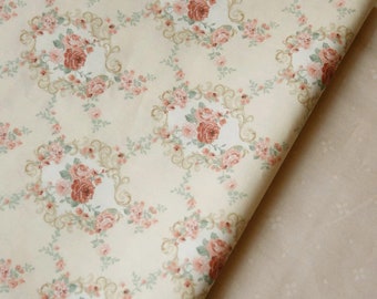 6130 - Cottage Chic Rose Flower Floral Cotton Fabric - 62 Inch (Width) x 1/2 Yard (Length)