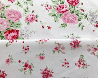 5718 - Cottage Chic Peony Rose Carnation Spring Floral Cotton Fabric - 62 Inch (Width) x 1/2 Yard (Length)