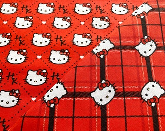 5604 - Hello Kitty Head Toss Heart Red Check Plaid Cotton Fabric